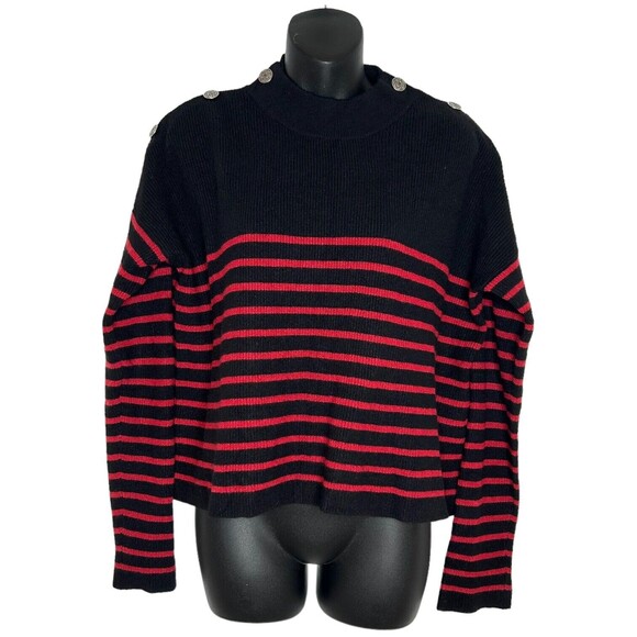 THE KOOPLES Womens Sweater Black Red Striped Buttoned Shoulder $395 Size 1 /US S - Picture 1 of 12